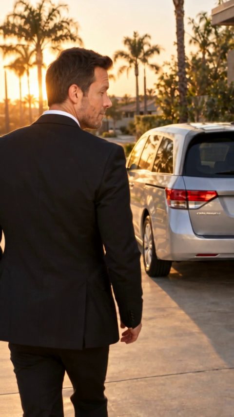 Make my car fly AI video: a driver walks up to his silver minivan