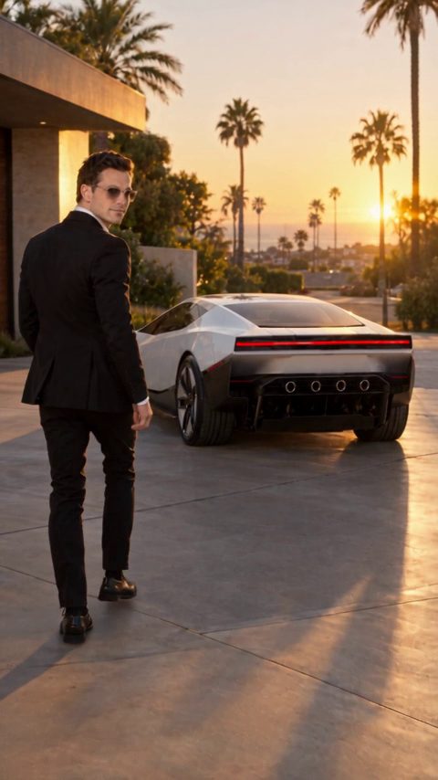 Tesla Roadster pull-up AI video: a man in a suit walks to the car
